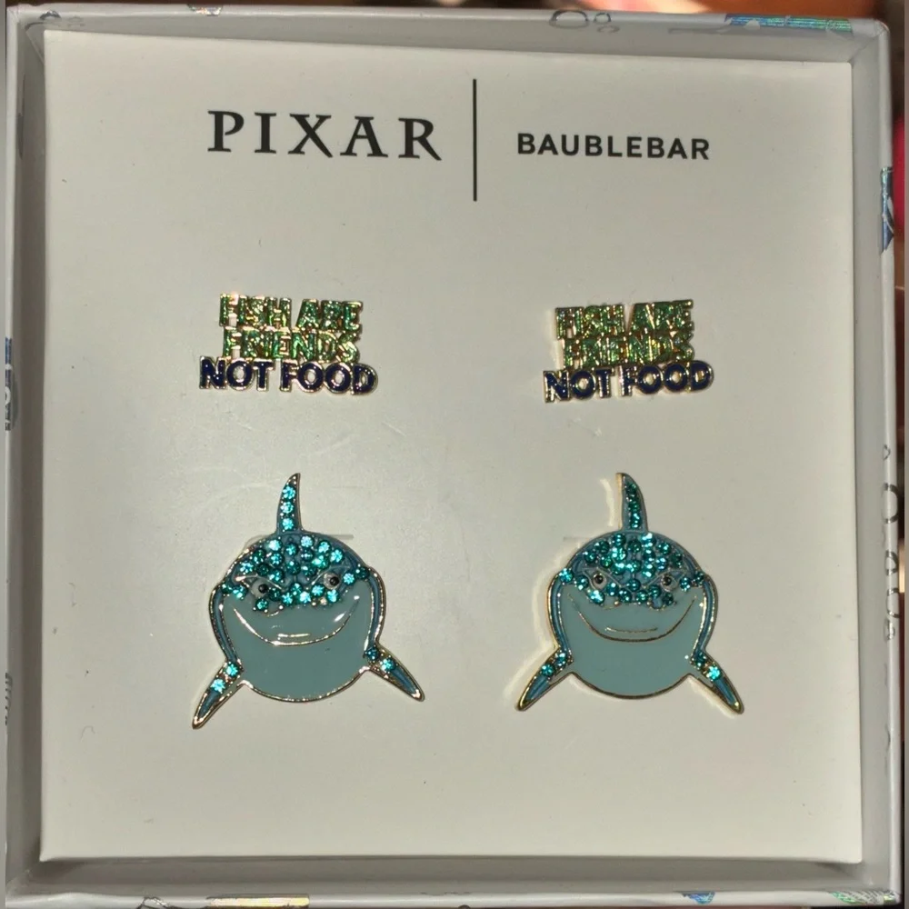 DISNEY PIXAR Finding Nemo Enamel Glitter Shark Fish Two 2 Pair Earrings NEW NWT